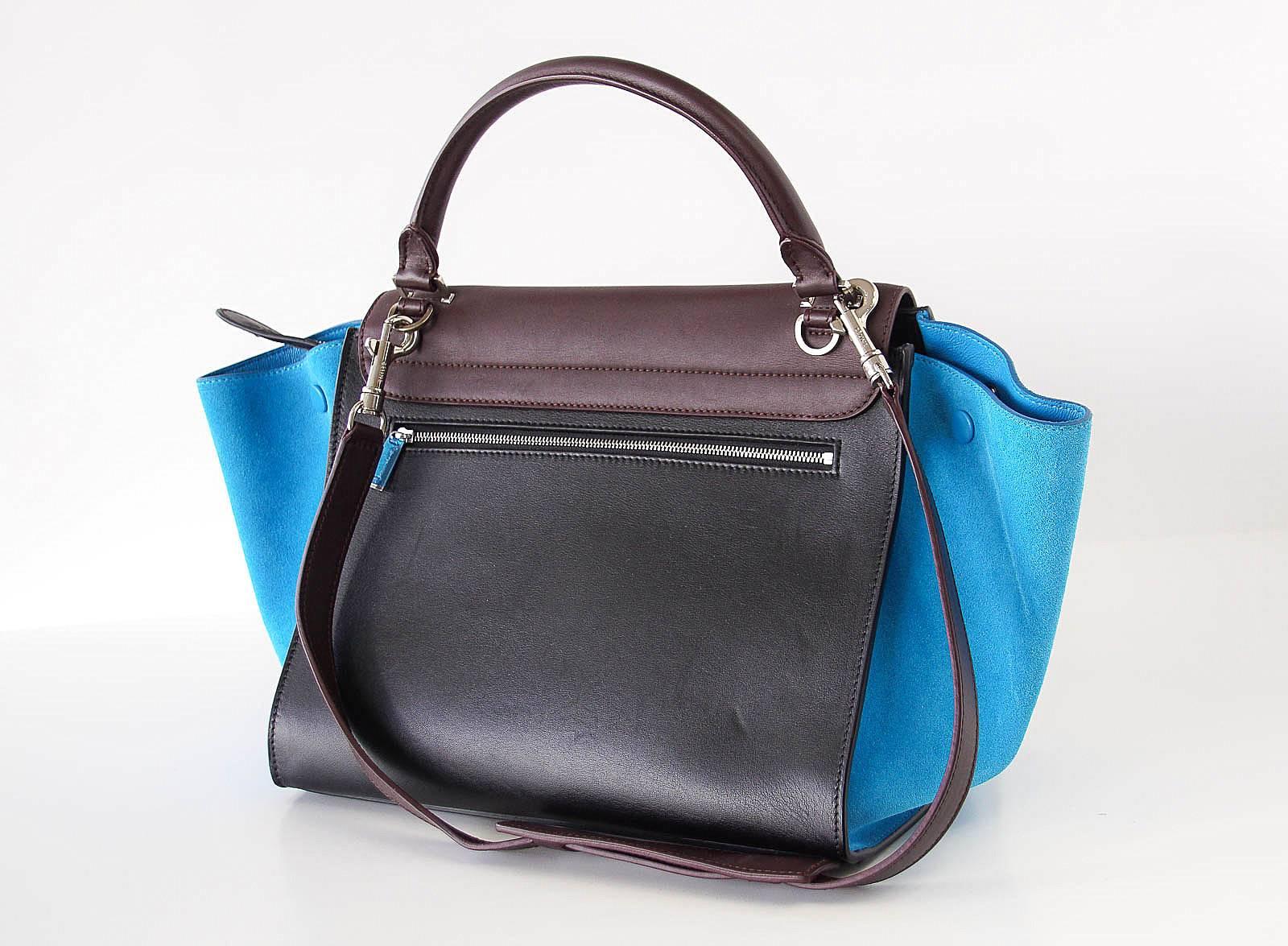 Celine Bag Trapeze Medium Tri Colour Black Brown Leather with Blue Suede 1