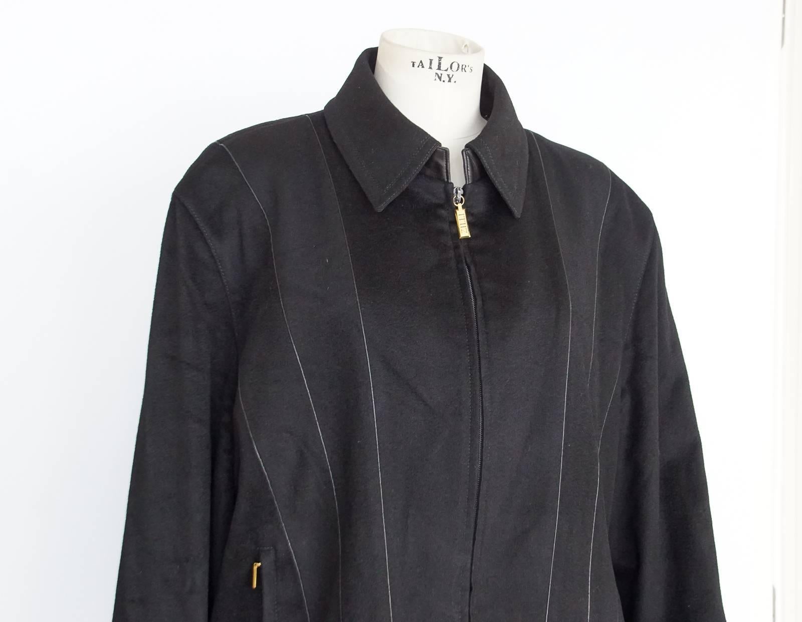 Zilli Men's Cashmere Black Jacket Leather Details Bomber 56 In Excellent Condition In Miami, FL