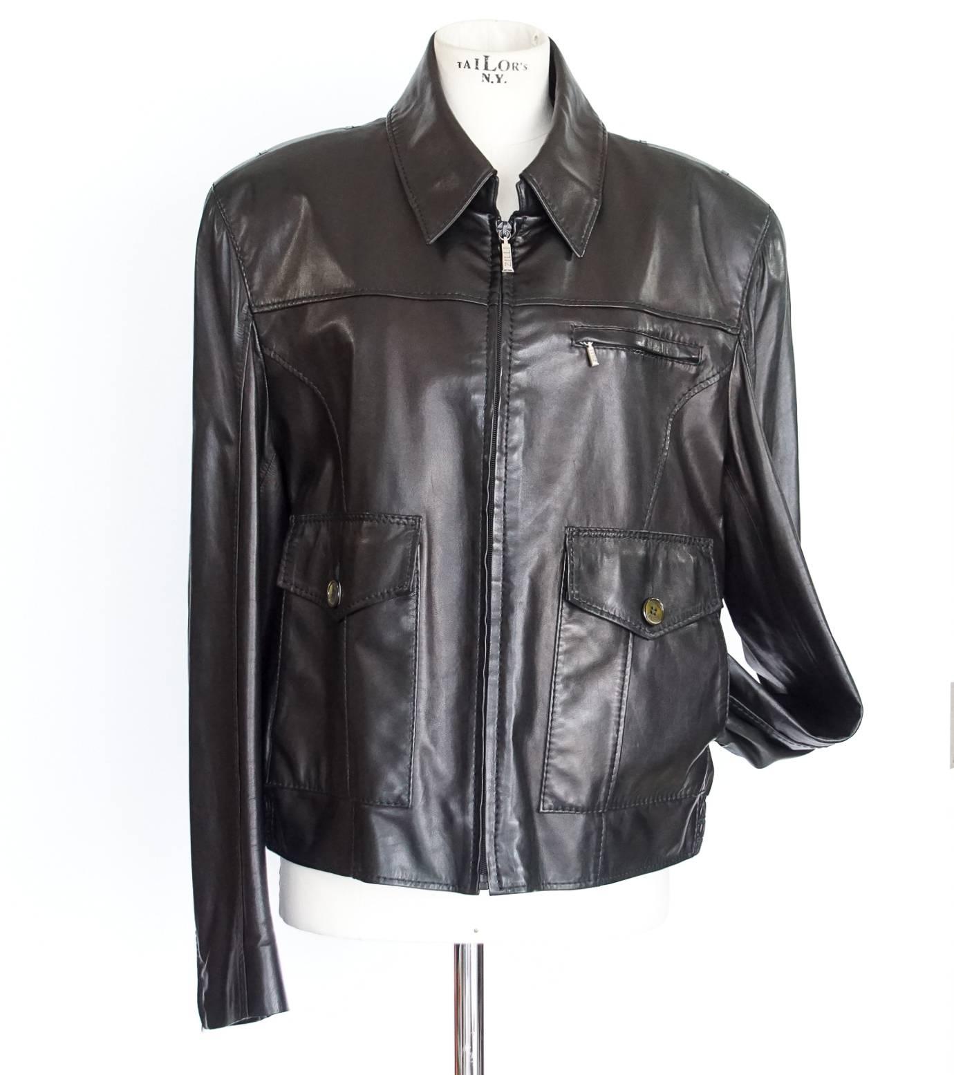 Guaranteed authentic Zilli men's jacket in the most soft, light weight Lambskin leather imaginable.  
Remarkable workmanship and fabric quality sets this label apart.
Collar hidden zipper unzips to a mandarin style.
Hidden zippers at cuffs, breast
