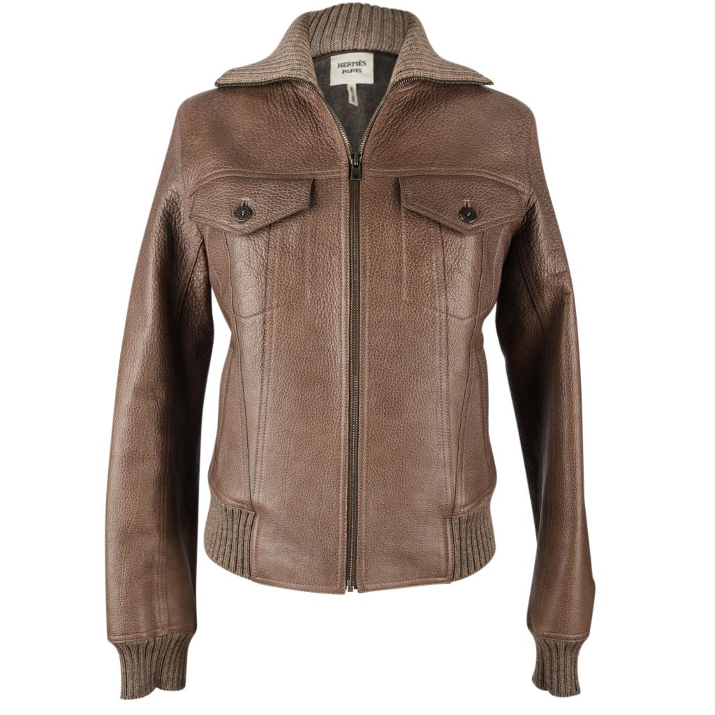 Gray Hermes Jacket Taupe Bison Leather Bomber 38 / 4 For Sale