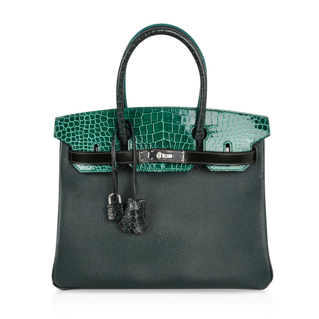 Guaranteed authentic Hermes Birkin 30 Limited Edition Patchwork in 4 shades of green and 6 skins.
The exquisite shades of green are: Vert Fonce, Vert Emerald, Vert Titien, and Malachite.
The interior pops in Rose Azalee.
The unparalleled combination