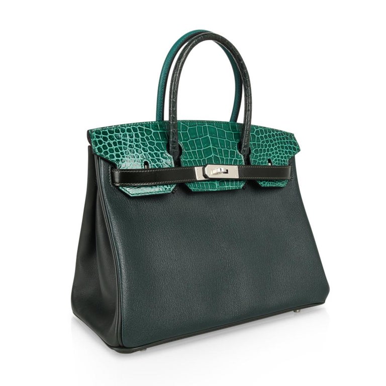 Hermes Birkin 30 Bag Limited Edition Patchwork Emerald Green Crocodile For Sale at 1stdibs