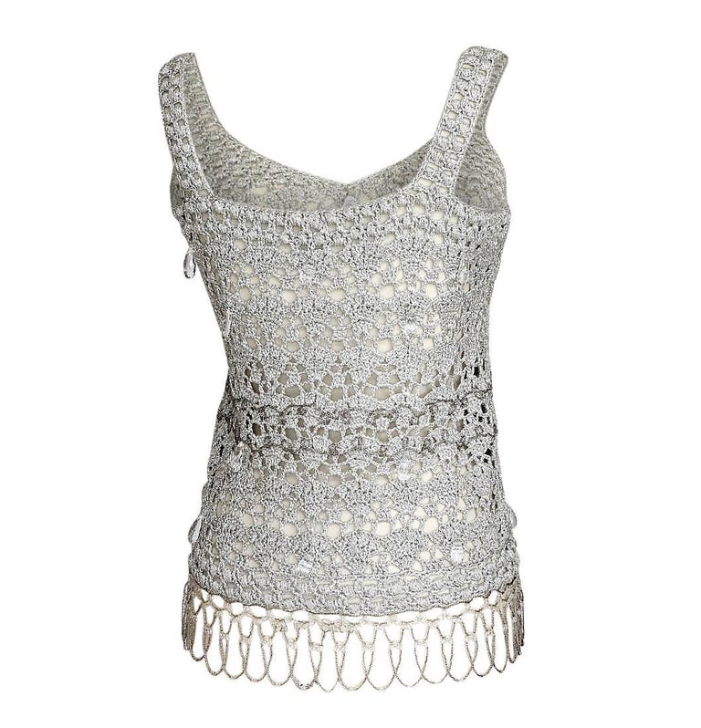 John Galliano Top Silver Crochet Faceted Large Crystals Beading Detail ...