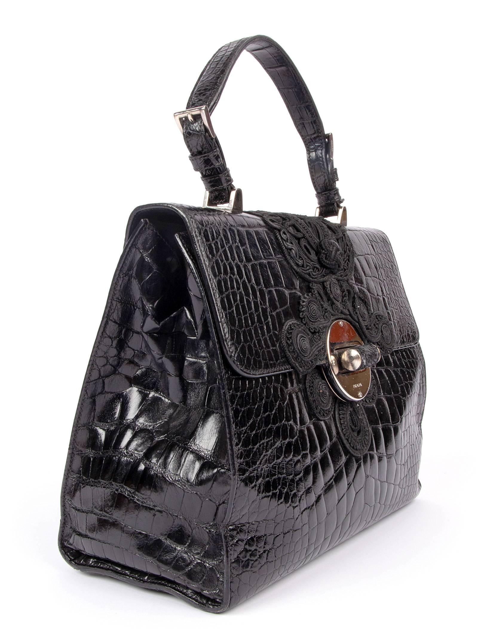 Women's or Men's Prada Vintage Black Passementerie Alligator Bag With Silver Hardware 