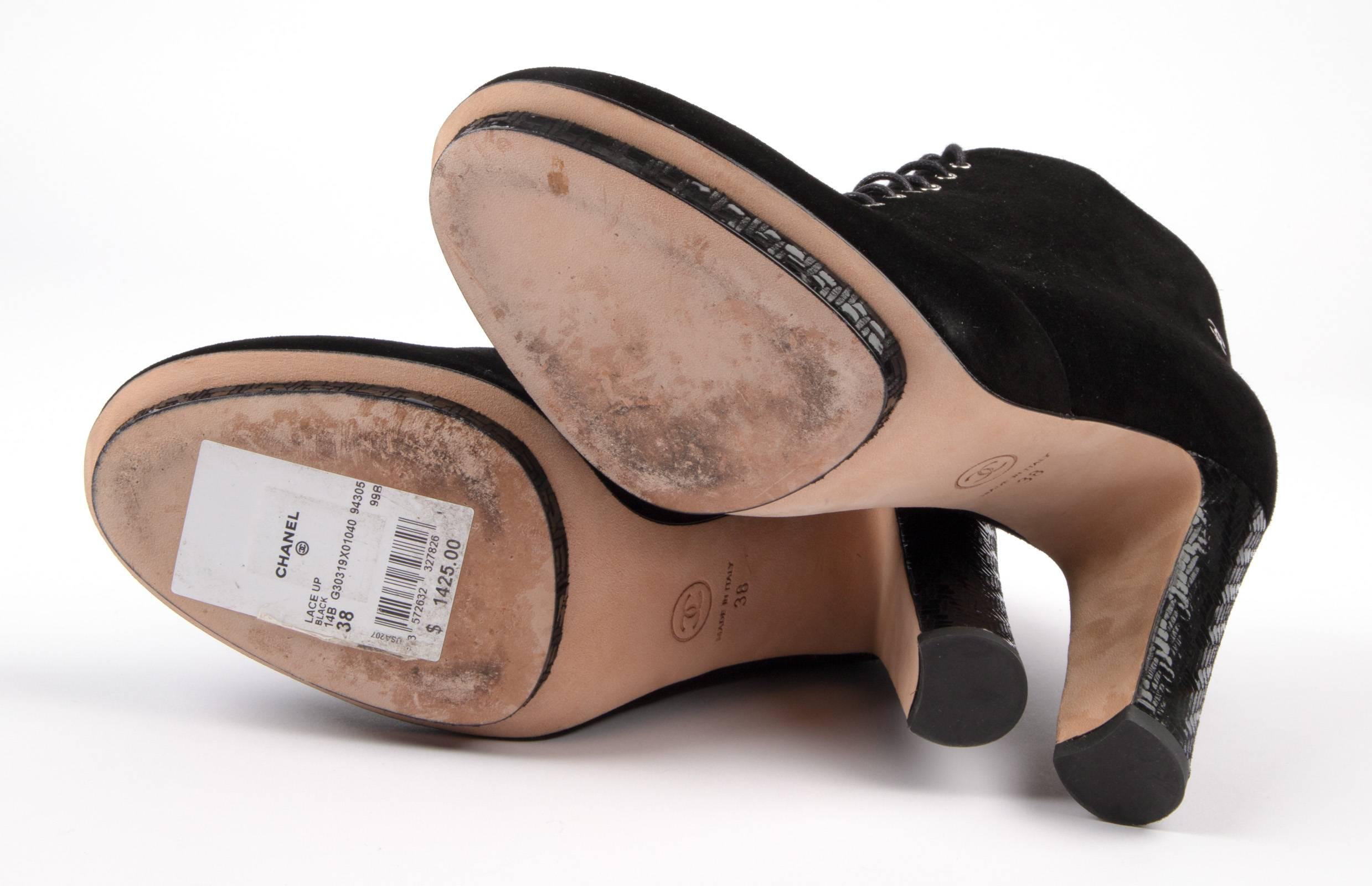 Chanel Ankle Boot Black Suede Lace Up Blue Leather Deco Heel / Platform 38 / 8 2