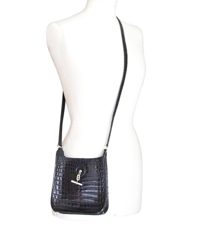 Hermes Vespa TPM Matte Black Crocodile Crossbody Shoulder Bag at