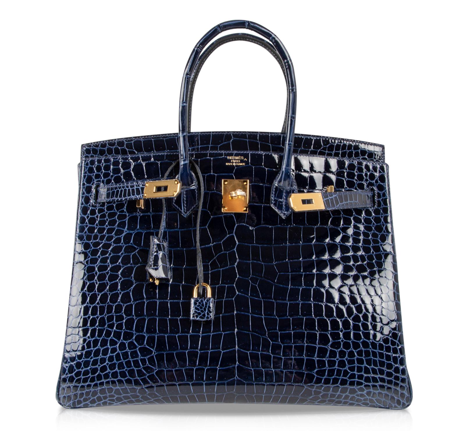 Black Hermes Birkin 35 Bag Blue Sapphire Porosus Crocodile Gold Hardware
