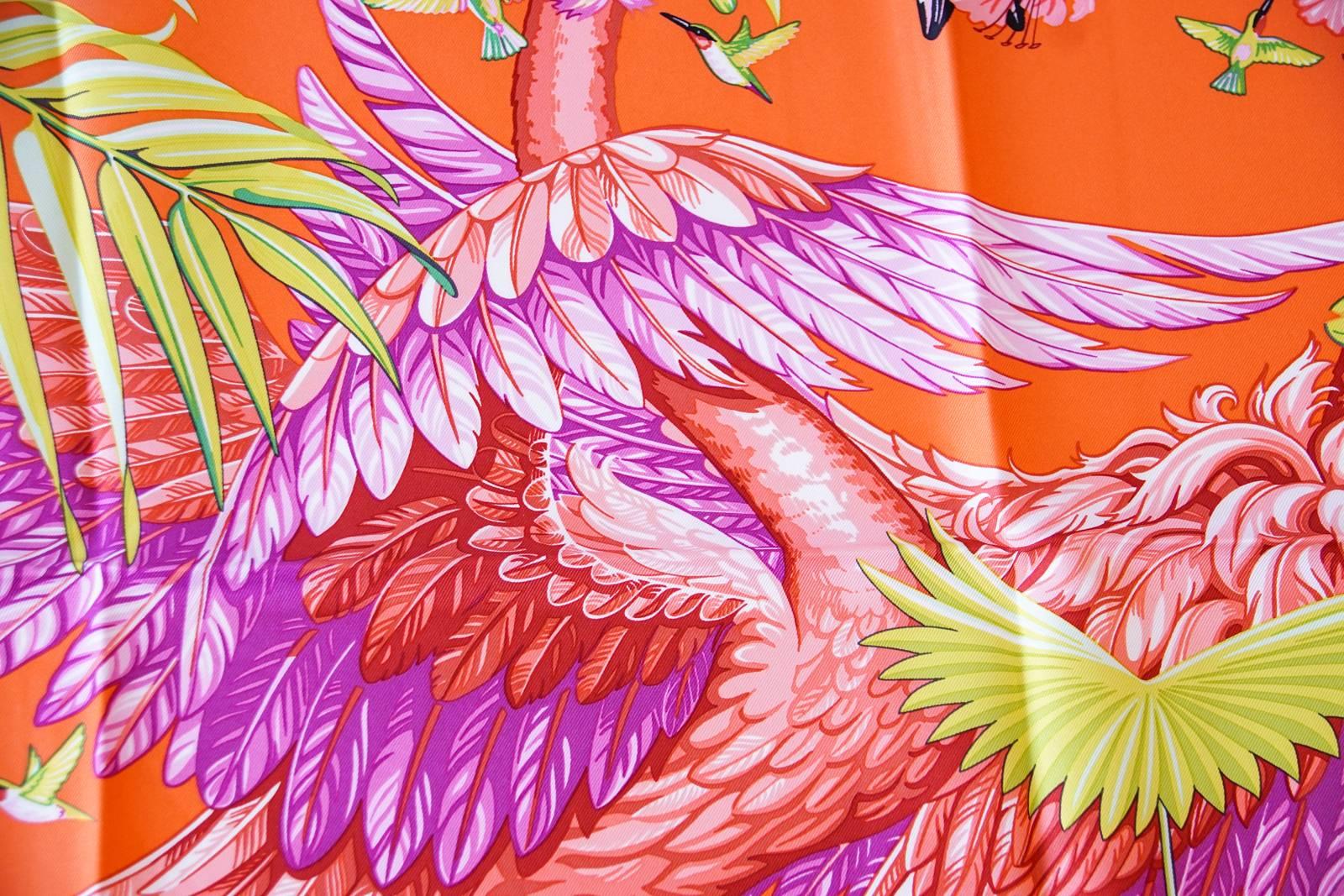Hermes Scarf Flamingo Party Miami 90 cm Silk Limited Edition Pink Carre New w/ B 3