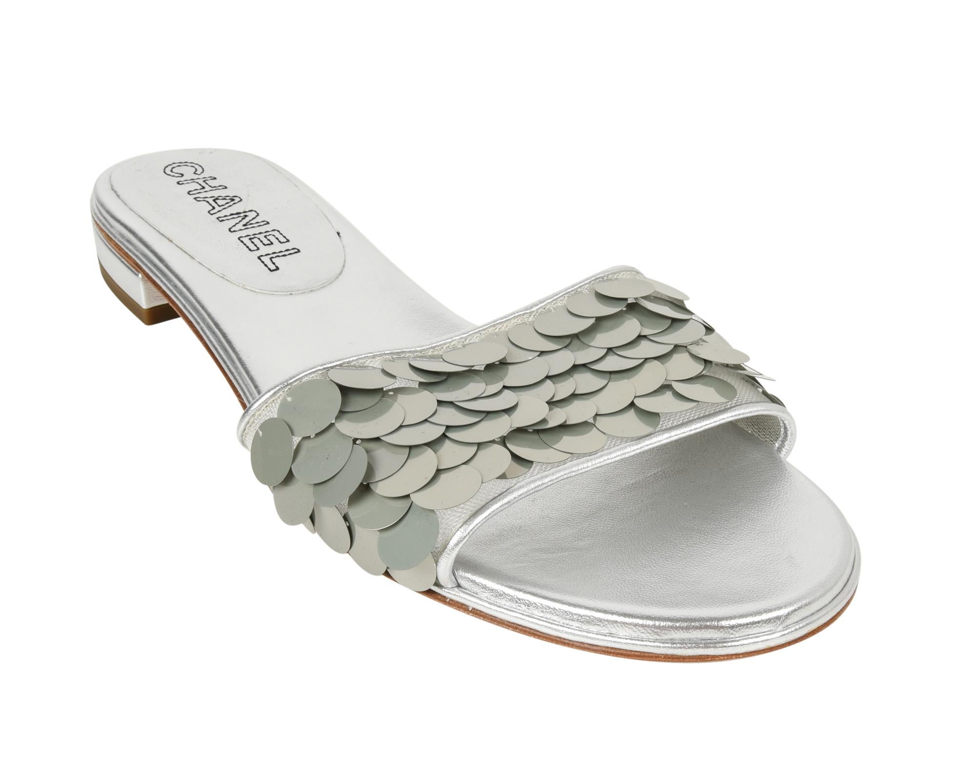 Chanel Shoe Silver Slide Light Catching Paillette Sequins 39.5 / 9.5 New 1