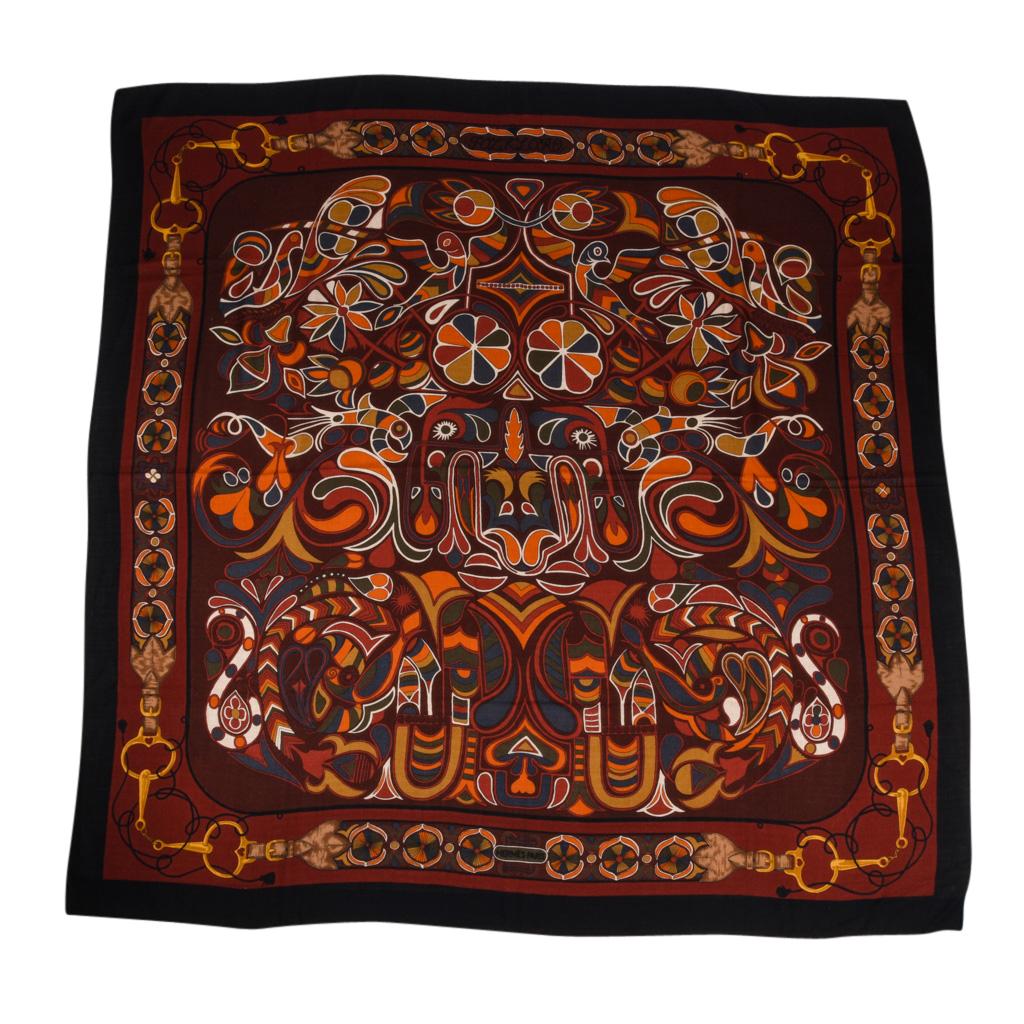 Black Hermes Scarf Shawl Folklore Motif Rich Color and Design Cashmere Silk Vintage For Sale