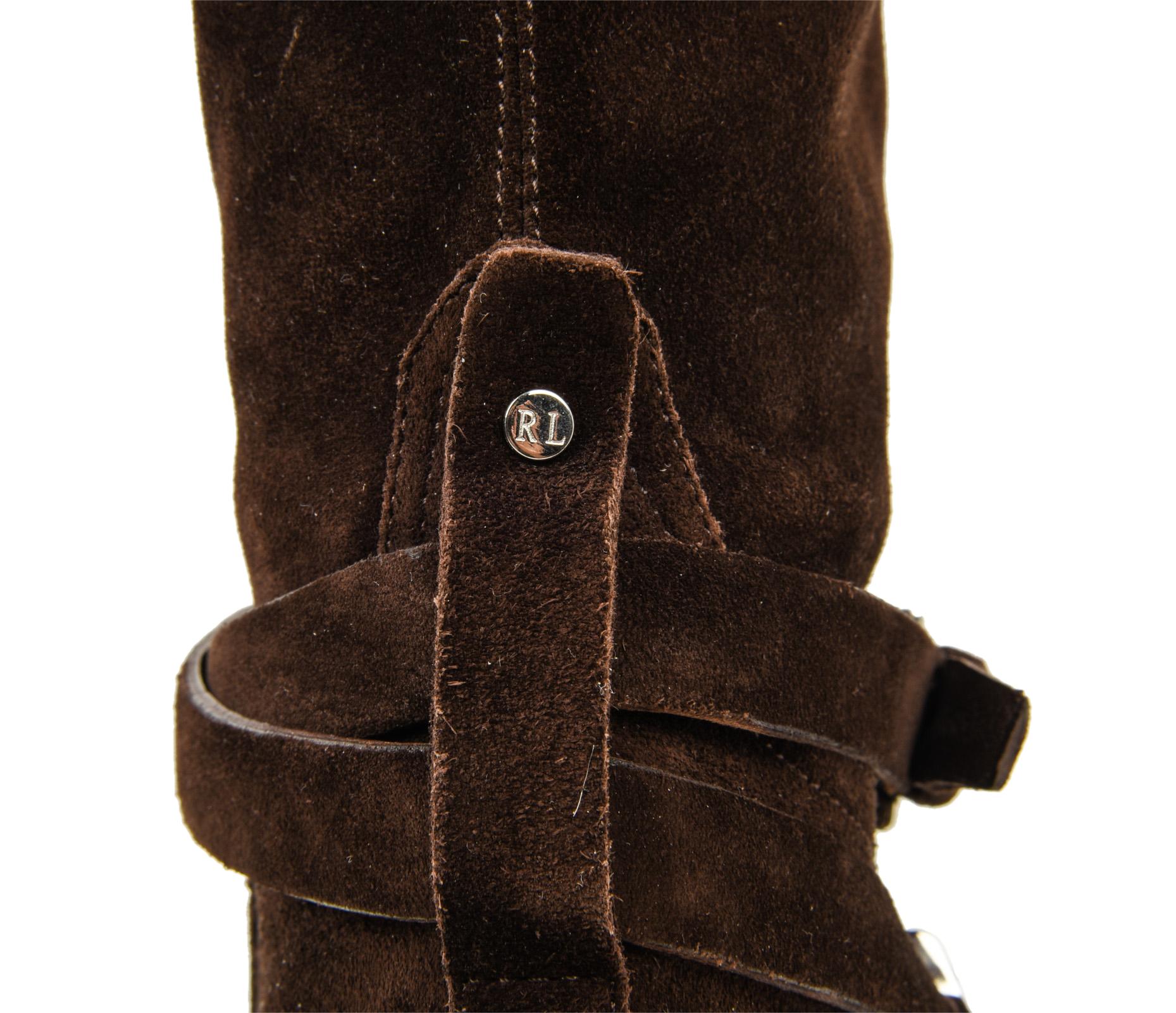 Women's Ralph Lauren Boot Brown Suede Knee High Ankle Strap w/ Buckle Stirrup 8 New