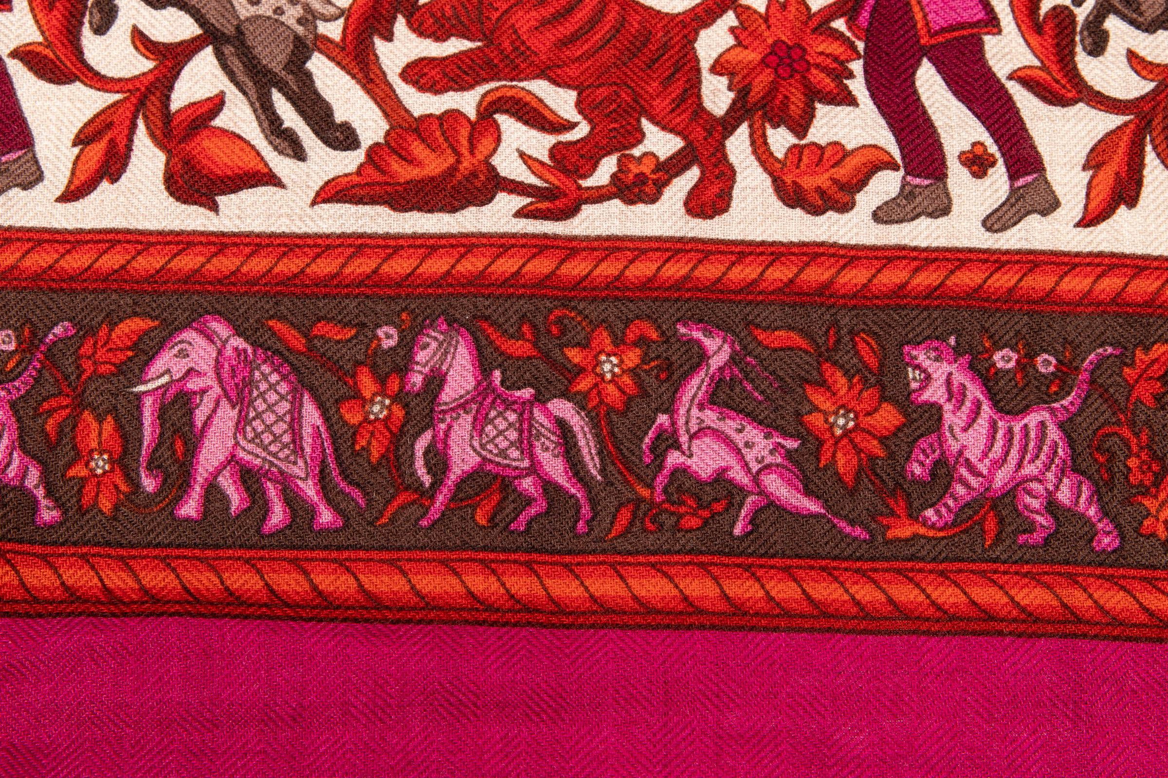 Hermes GM Shawl Chasse en Inde Fuchsia Pink Cashmere Silk Vintage 3