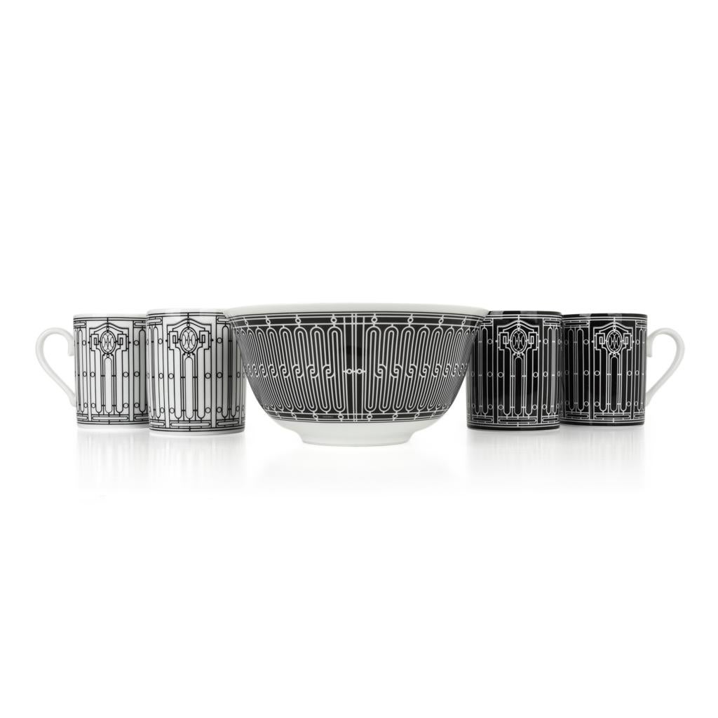 Hermes H Deco Mugs Black w/ White Set of 2 new 6