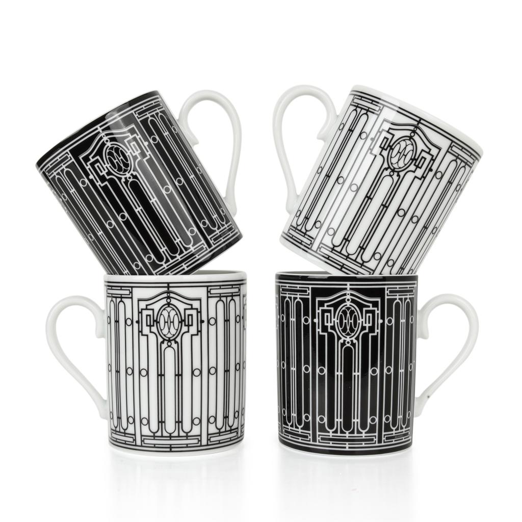 Hermes H Deco Mugs Black w/ White Set of 2 new 7