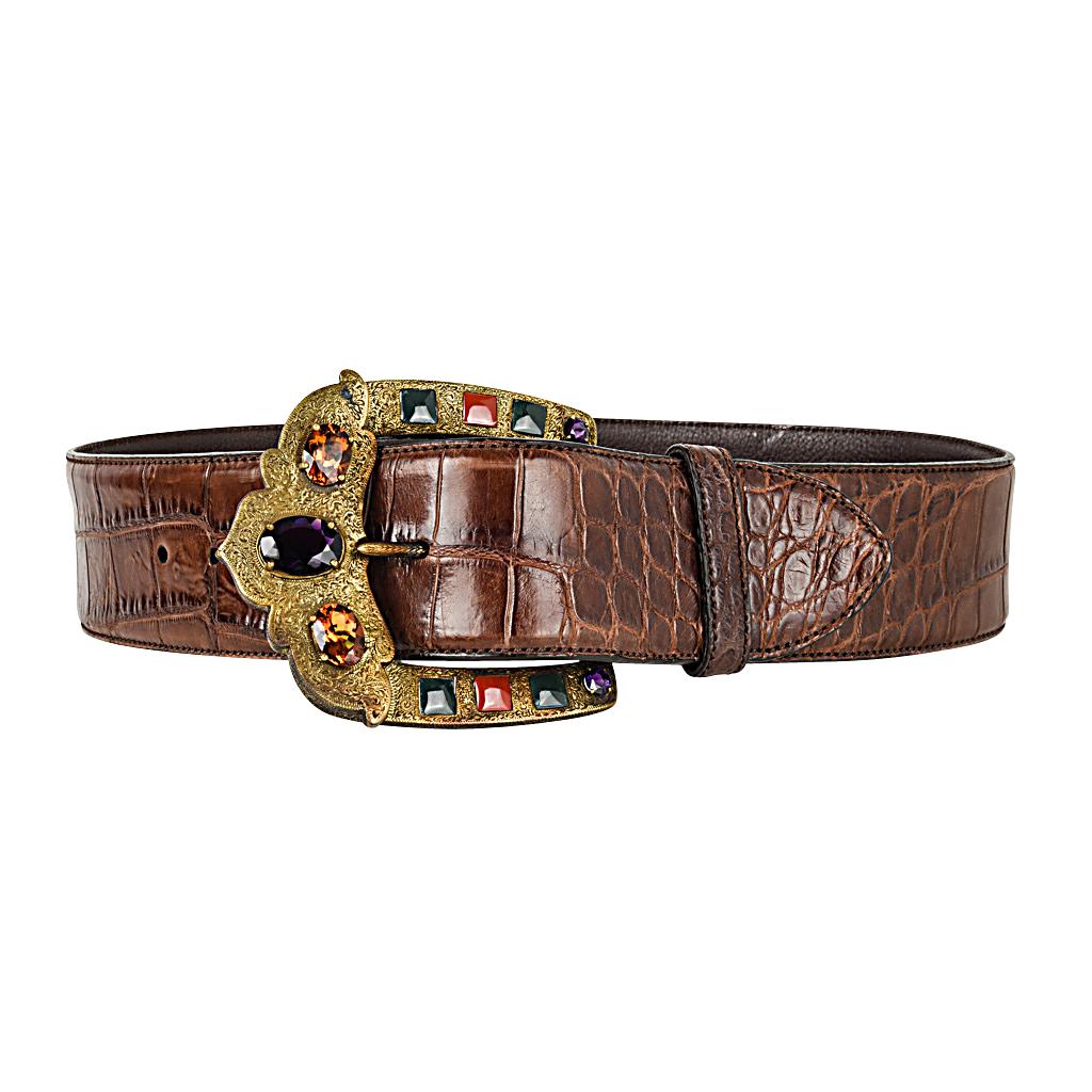 Ralph Lauren Collection Belt Brown Alligator Jeweled Buckle M