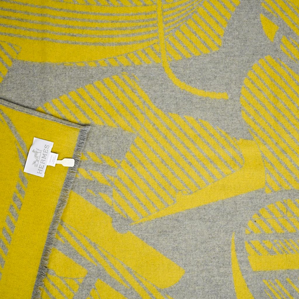 Women's or Men's Hermes Blanket Thalassa Jacquard Merino Grey and Yellow new