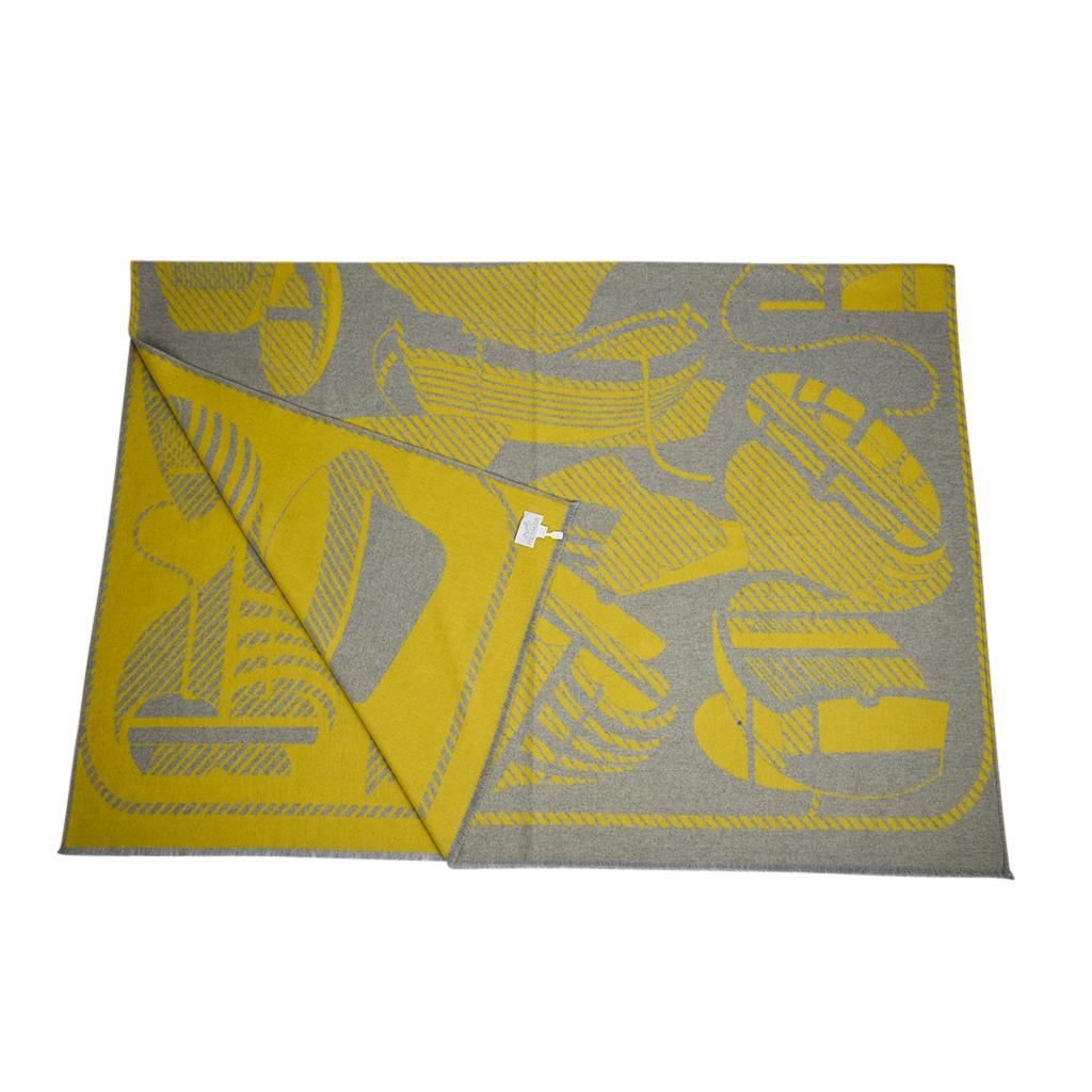 Hermes Blanket Thalassa Jacquard Merino Grey and Yellow new In New Condition In Miami, FL