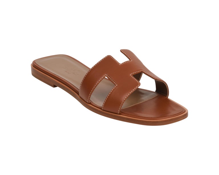 Replica Hermes Oran Slide Sandals In Gold Epsom Perforated Calfskin