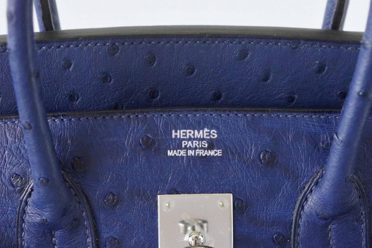 Rich exotic Bleu Iris is absolutely stunning.
Ostrich 35 is the most rare skin and no orders are taken.
Glows with Palladium hardware.
New or Never Worn. 
Comes with lock, keys, clochette, sleeper, raincoat and signature HERMES box. 
final sale

BAG