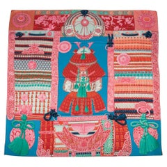 Hermes Parures de Samourais Cashmere Shawl Turquoise Orange Rose 140 cm New