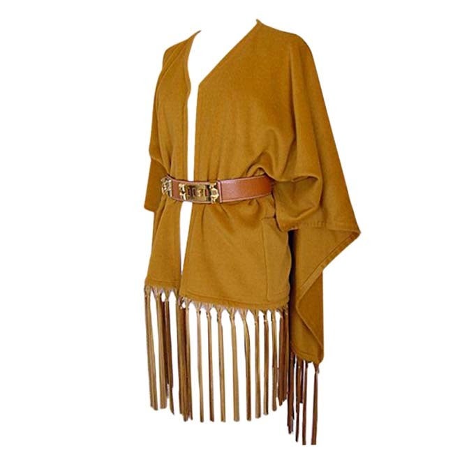 Hermes Vintage Shawl Lush Leather Fringe Cashmere and Wool Poncho  For Sale 3