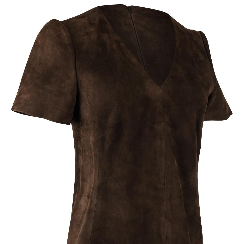 Guaranteed authentic  Balenciaga sold out Runway rich chocolate brown suede A-line dress.
Very soft and plush suede.
V-neck with cap sleeves.  
Zipper at rear has logo embossed pull.
The interior is lined in black. 
final sale

SIZE 38
USA SIZE