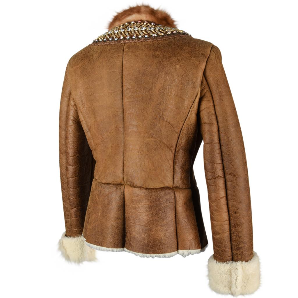 Women's Prada Jacket Distressed Shearling Mink Trim and Jeweled Collar 40 / 6 For Sale