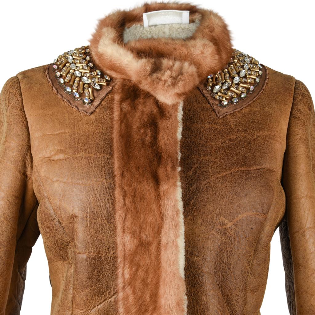Prada Jacket Distressed Shearling Mink Trim and Jeweled Collar 40 / 6 In Excellent Condition For Sale In Miami, FL