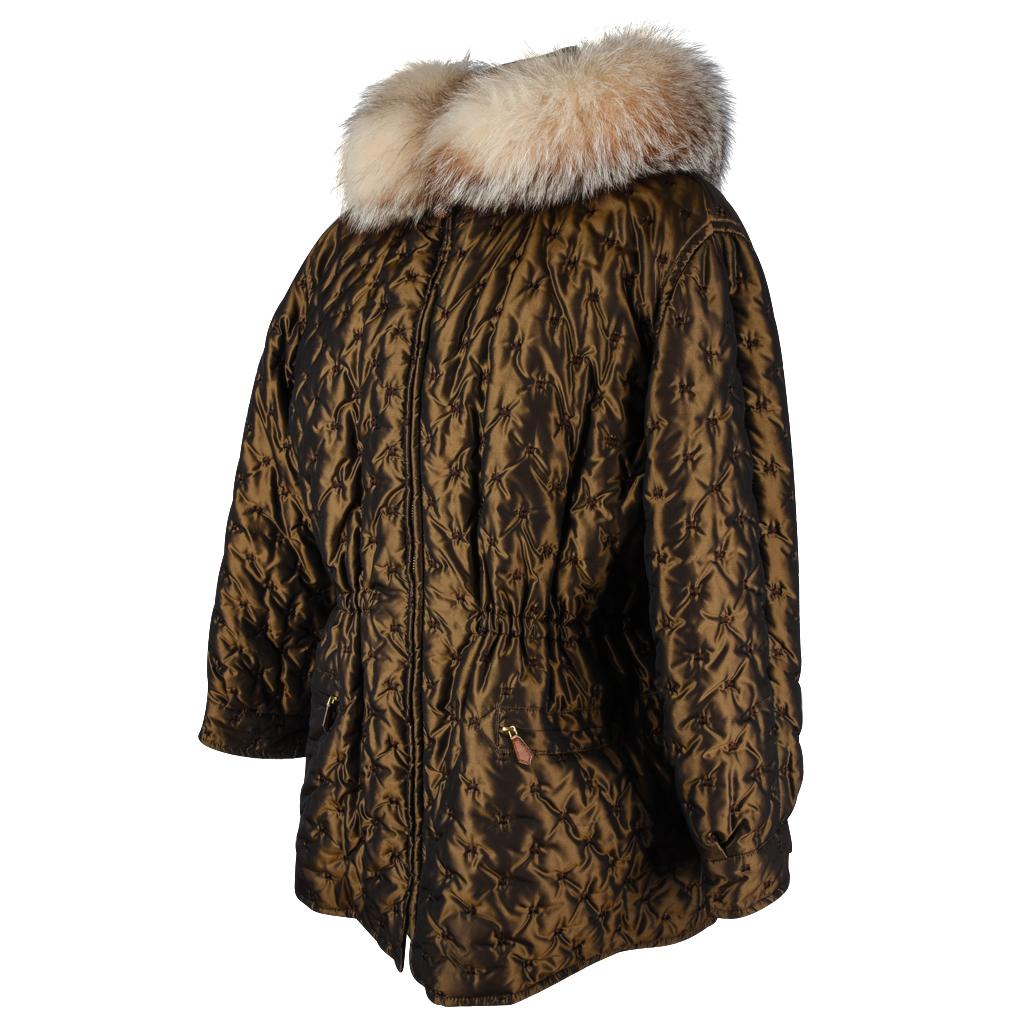 Nero Giacca Hermes Vintage Iridescente Trapuntata Parka Volpe Rigogliosa con Cappuccio 6