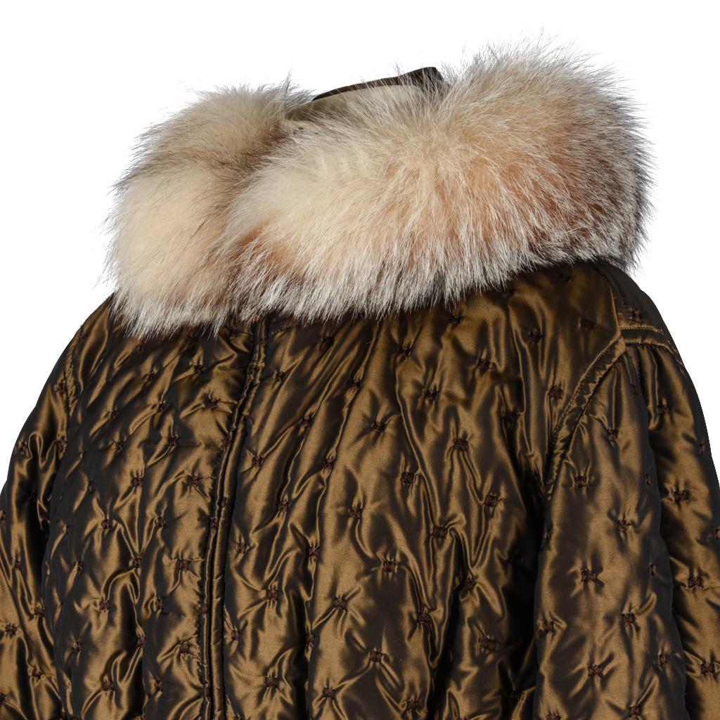 Donna Giacca Hermes Vintage Iridescente Trapuntata Parka Volpe Rigogliosa con Cappuccio 6