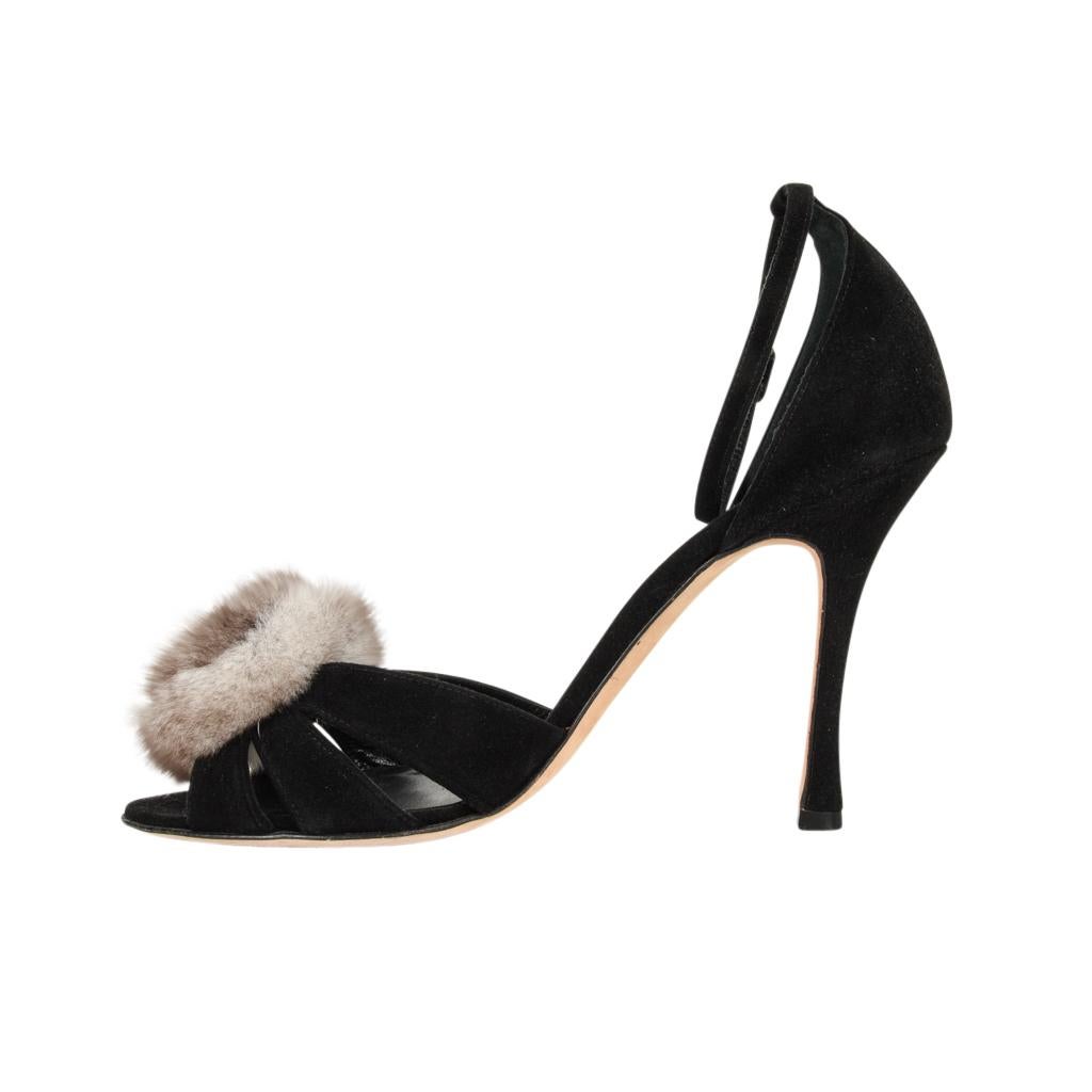 Manolo Blahnik Shoe Black Suede Lush Chinchilla Rose Ankle Strap 39 / 9 New For Sale 2