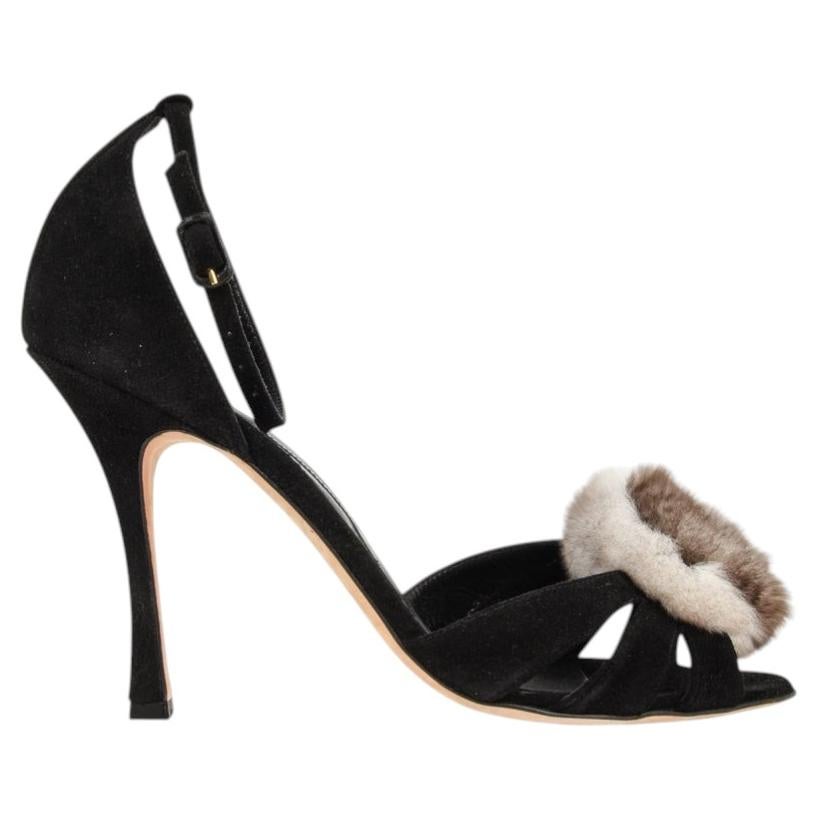 Manolo Blahnik Chinchilla Fur Black Suede D'Orsay Ankle Strap