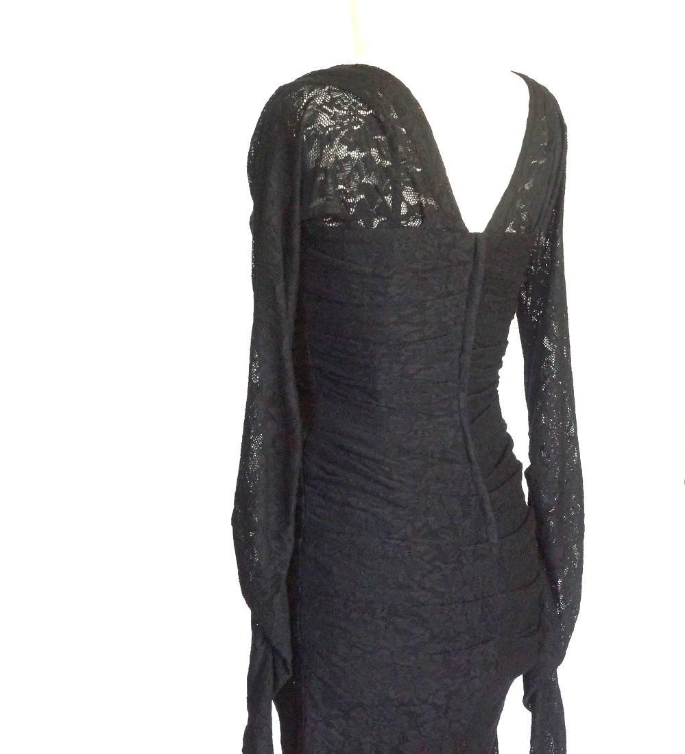 Black DOLCE&GABBANA Dress Rich Lace Superb Fit Exaggerated Sleeve  44 fits 8 