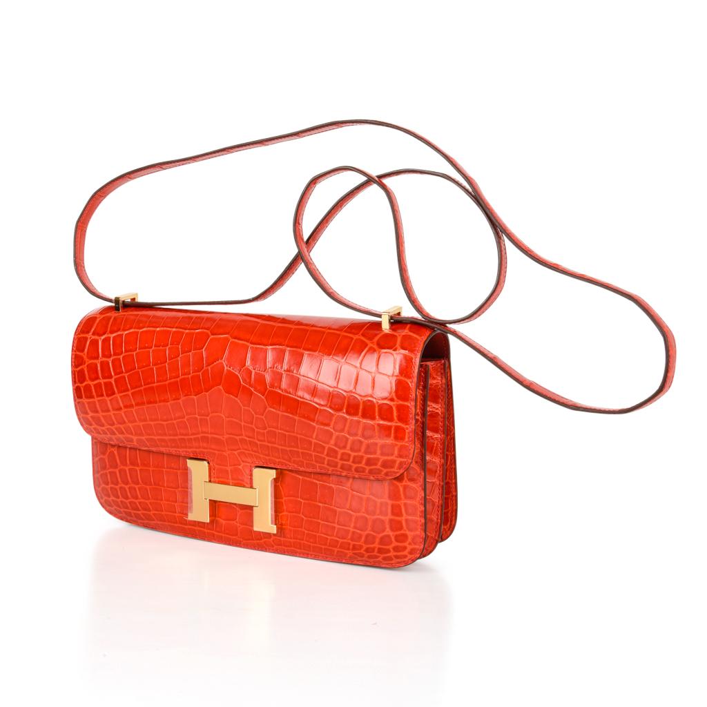 Red Hermes Constance Elan Bag Geranium Crocodile Gold Hardware