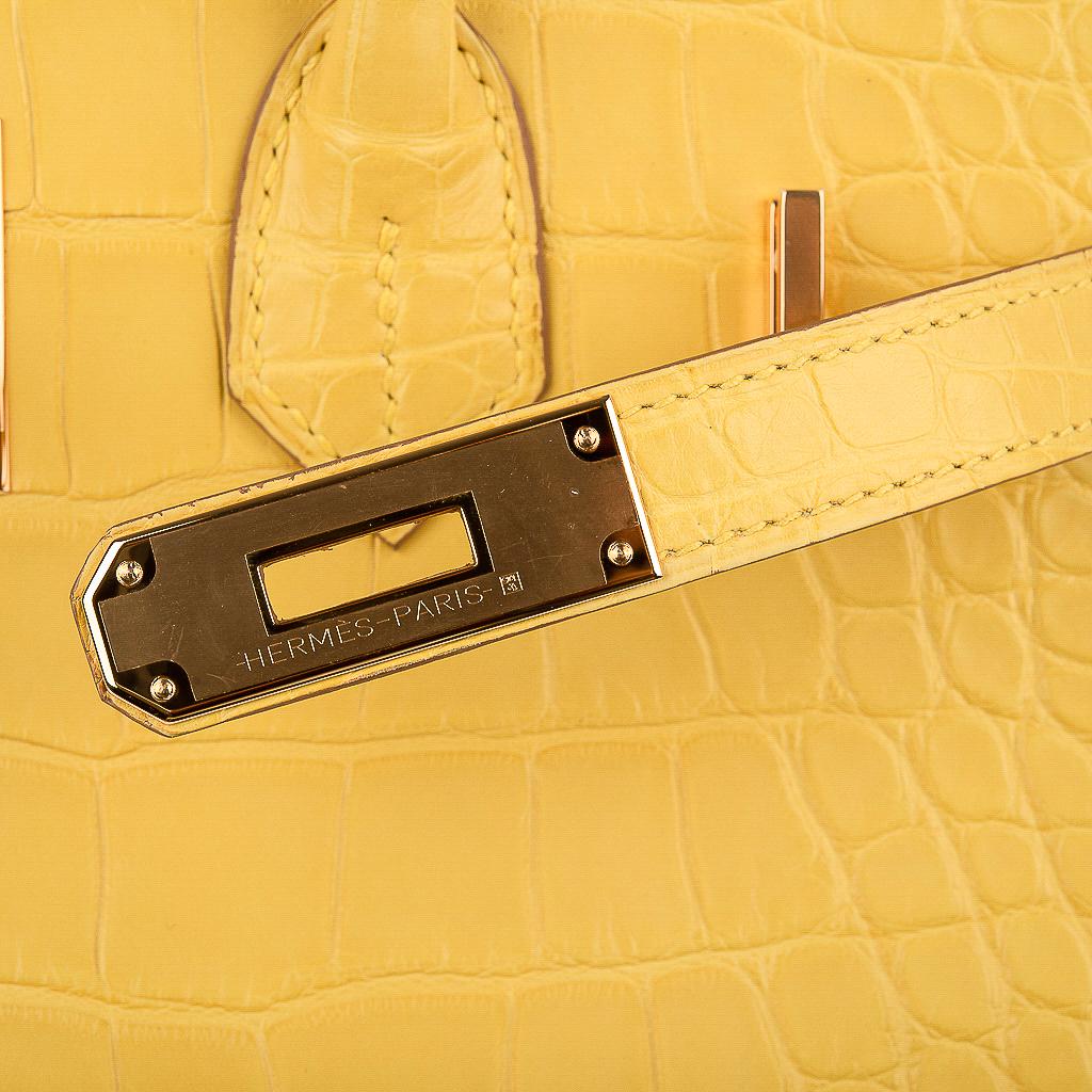 Guaranteed authentic limited edition Hermes Birkin 30 Matte Alligator bag featured in Mimosa - a clear sunny yellow.
Lush with Gold Hardware.
Comes with the lock and keys in the clochette, sleepers, raincoat and signature Hermes box. 
NEW or NEVER