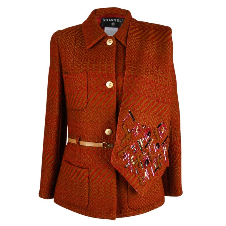 Chanel 00A Jacket Red Camel w/ Sequined Scarf Diamante CC Buttons 42 / ...