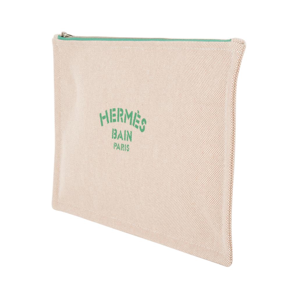 Hermes Bain Flat Yachting Pouch Case Natural w/ Green Writing Cotton Large In New Condition In Miami, FL