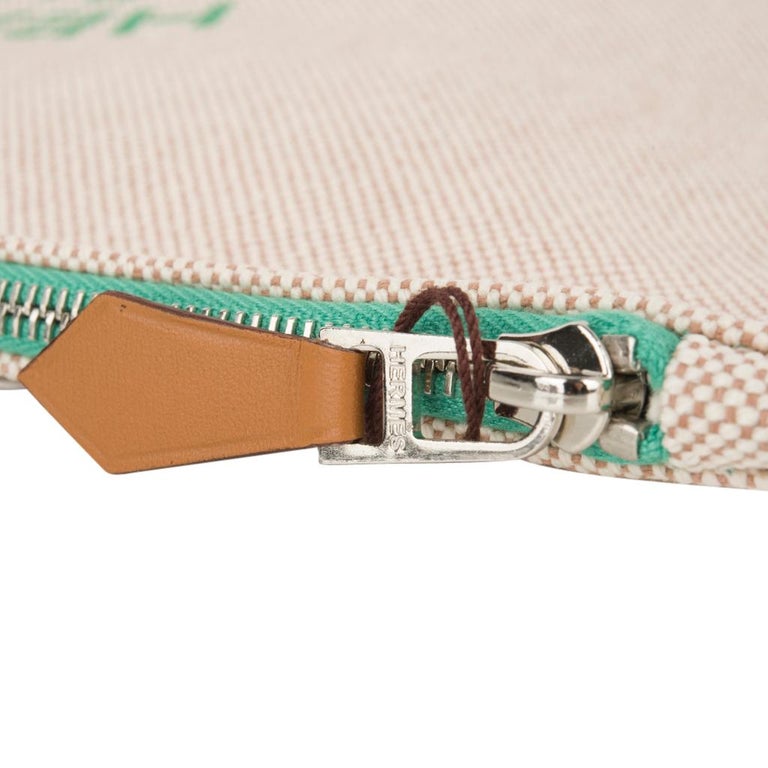 Hermes Bain Flat Yachting Pouch Case Natural w/ Green Writing Cotton