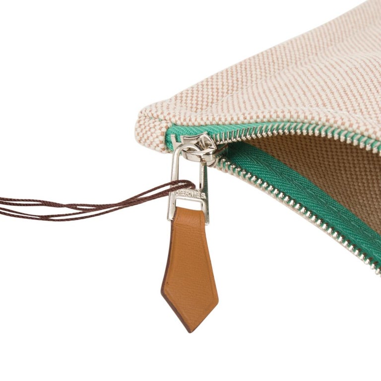 Hermes Bain Flat Yachting Pouch Case Natural w/ Green Writing Cotton