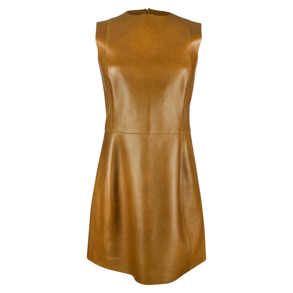 Sleeveless sheath Celine dress in sophisticated bronzed olive.
High round neck in the front with rear zipper. 
Subtle stitch detailing and unfinished edges. 
Versatile and wearable - looks amazing with a black turtleneck underneath! (top not