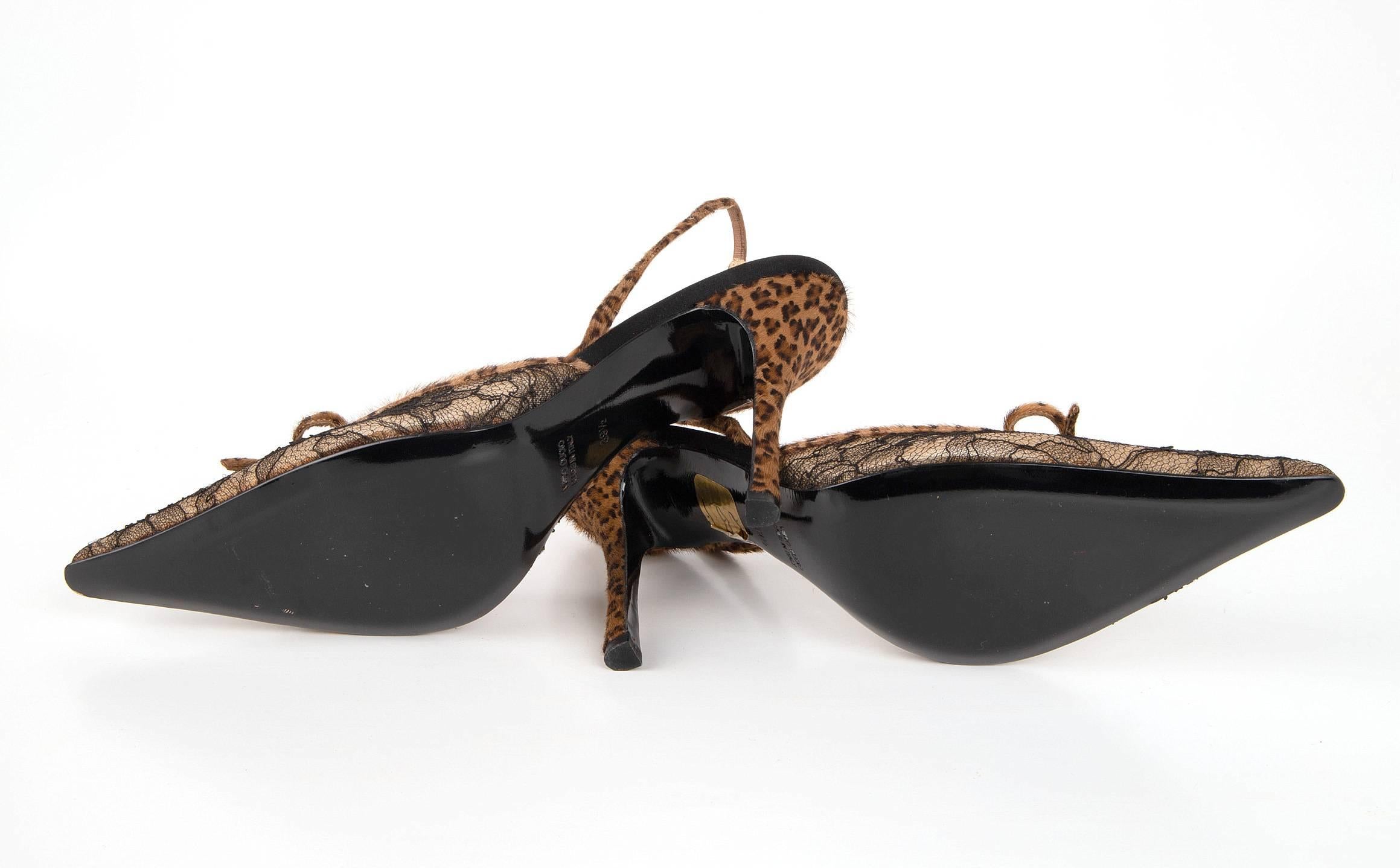 Brown Rene Caovilla Shoe Lace Slingback Faux Fur Leopard Heel 39.5 / 9.5