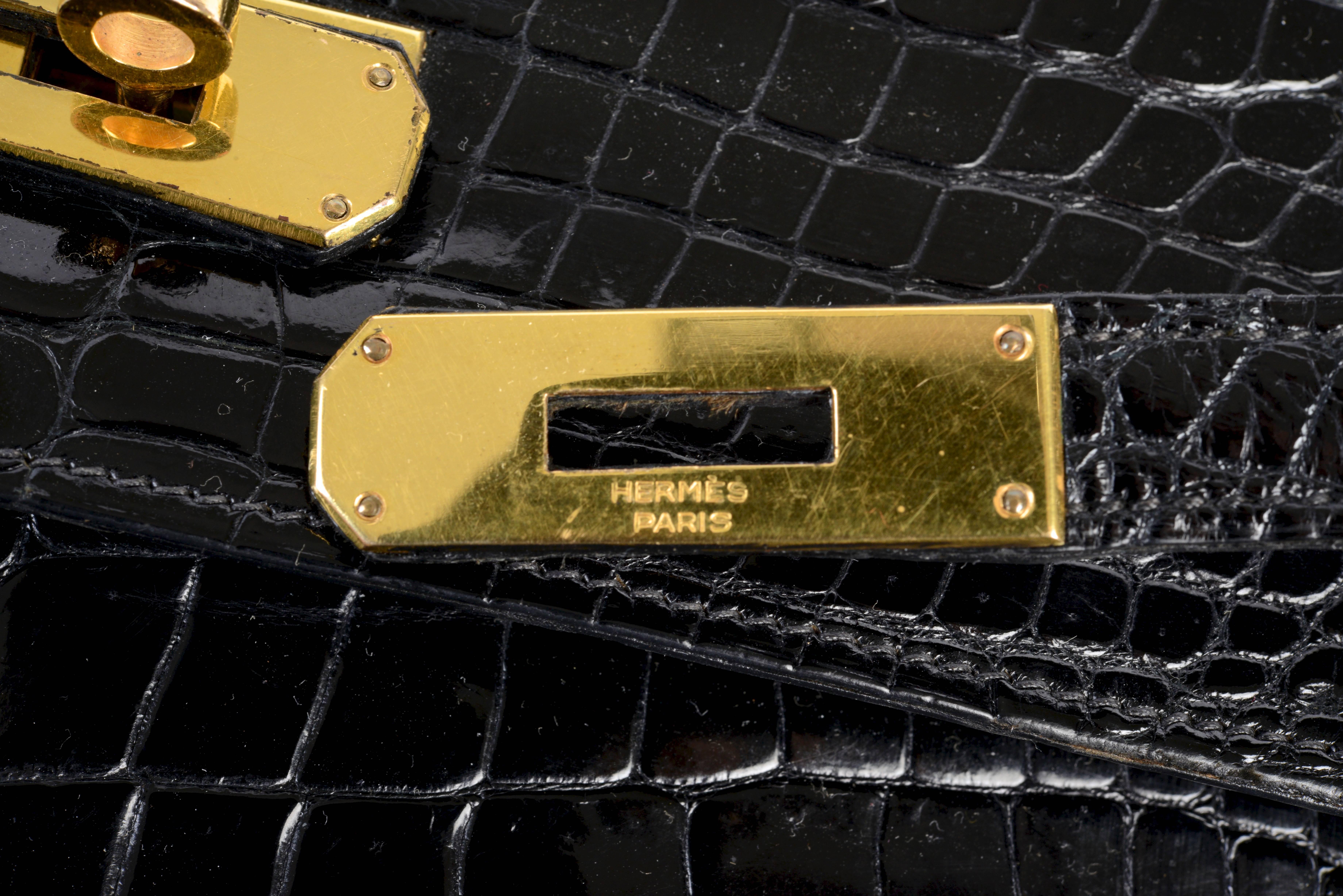 Hermes 32cm Shiny Black Crocodile Sellier Kelly Bag with Gold Hardware C 1950's 1