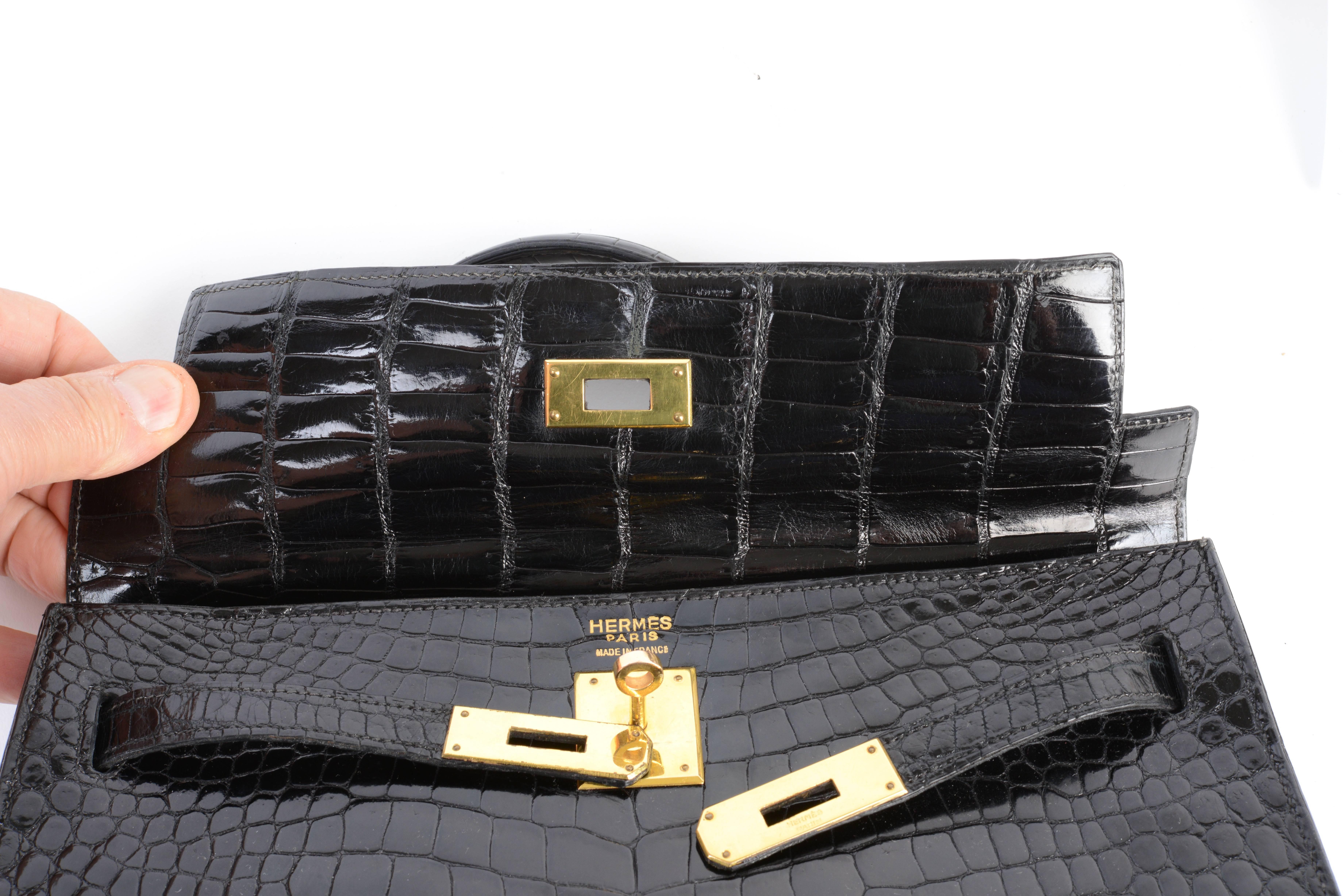 Hermes 32cm Shiny Black Crocodile Sellier Kelly Bag with Gold Hardware C 1950's 2