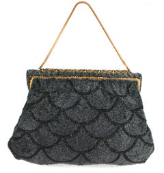 Black Scallop Beaded and Enameled Gold-tone Evening Bag