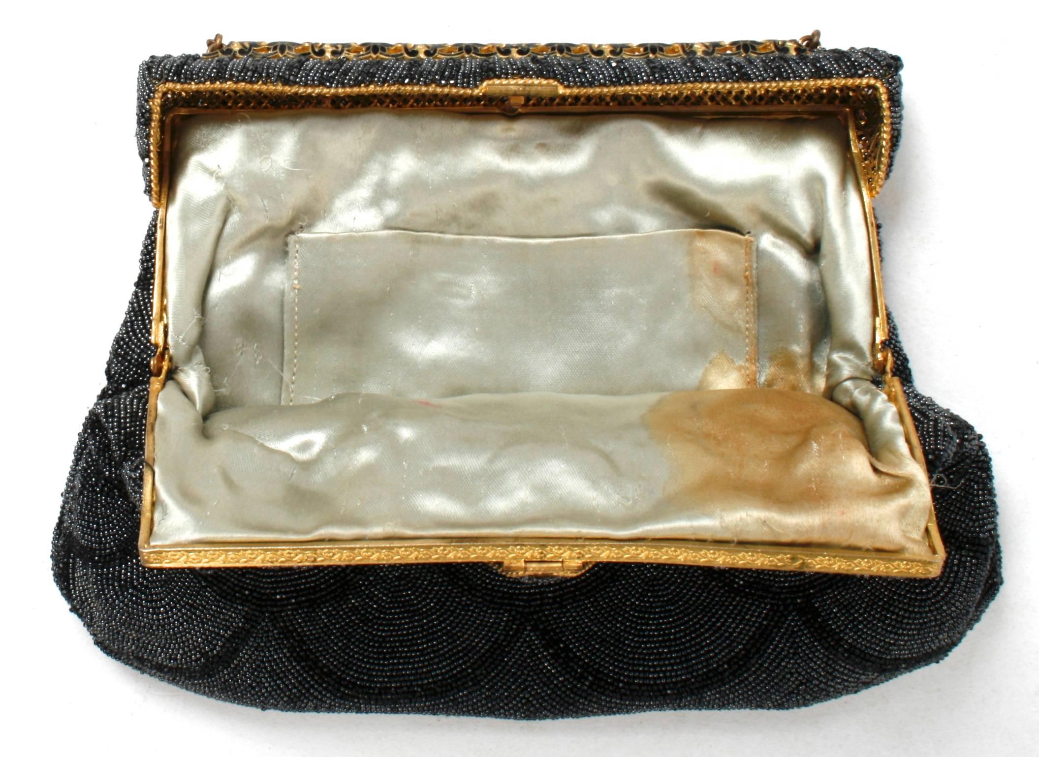 Black Scallop Beaded and Enameled Gold-tone Evening Bag In Good Condition In valatie, NY