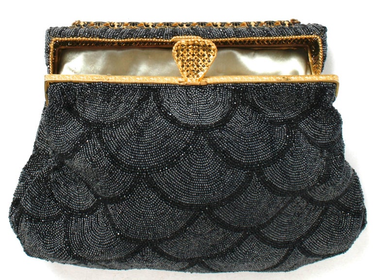 Women's Black Scallop Beaded and Enameled Gold-tone Evening Bag For Sale