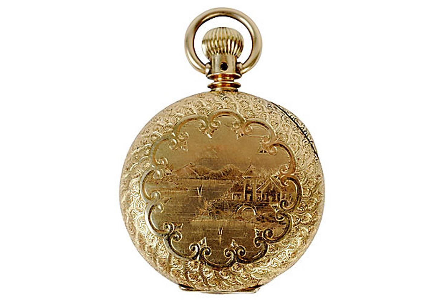 Elgin 14K gold triple hunter case pocket watch with fine chinoiserie decorated case. The back with engraved cartouche with initials. Roman numeral face and inset second hand and a lever set 15 jewel movement. Circa 1885 was 1/1000 made that year and