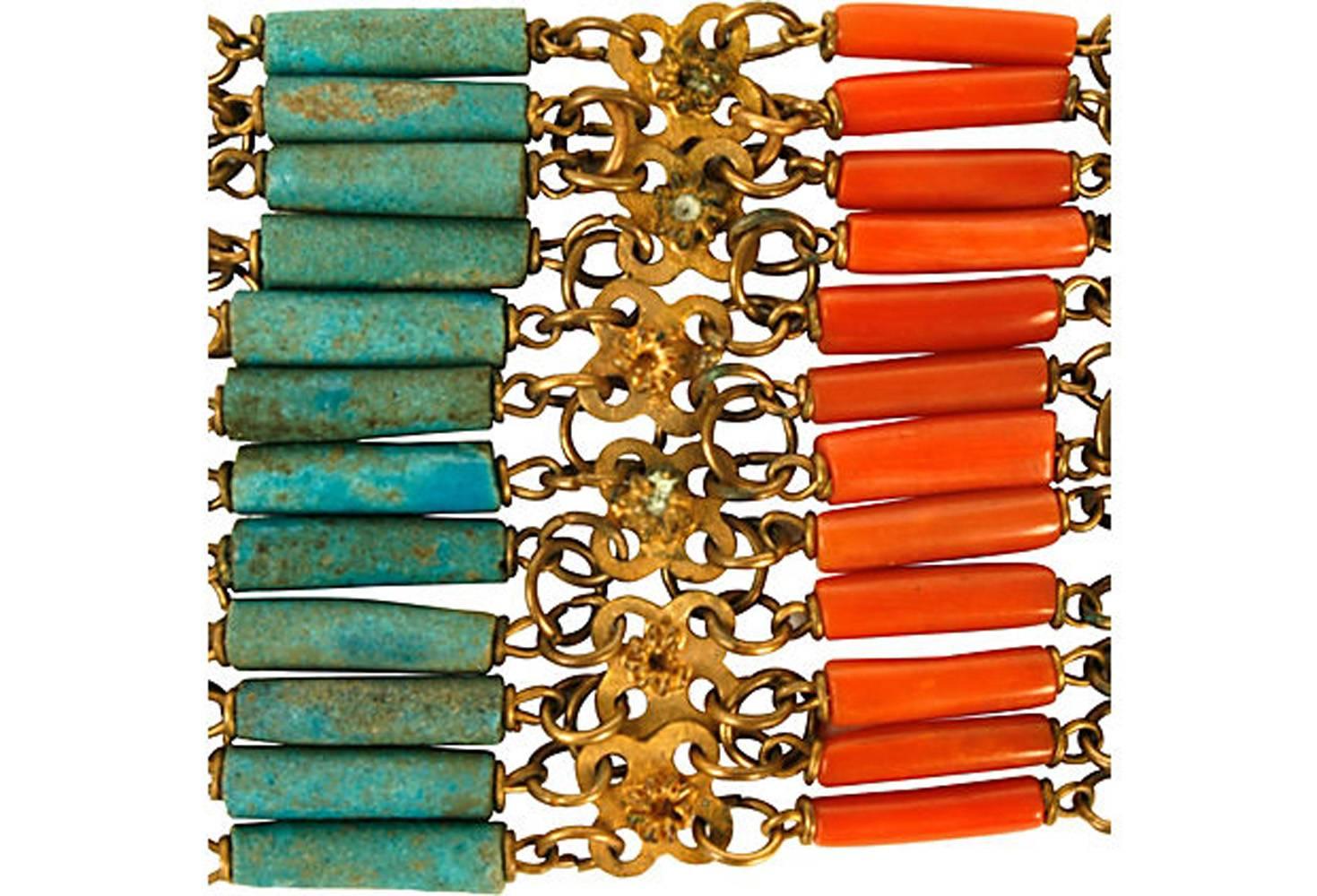 Chinese turquoise, coral, and vermeil filigree linked bracelet with vermeil clasp. No maker's mark.
N.P. Trent has been a respected name in antiques for over 30 years with a large collection of antique and vintage fashion and jewelry. 