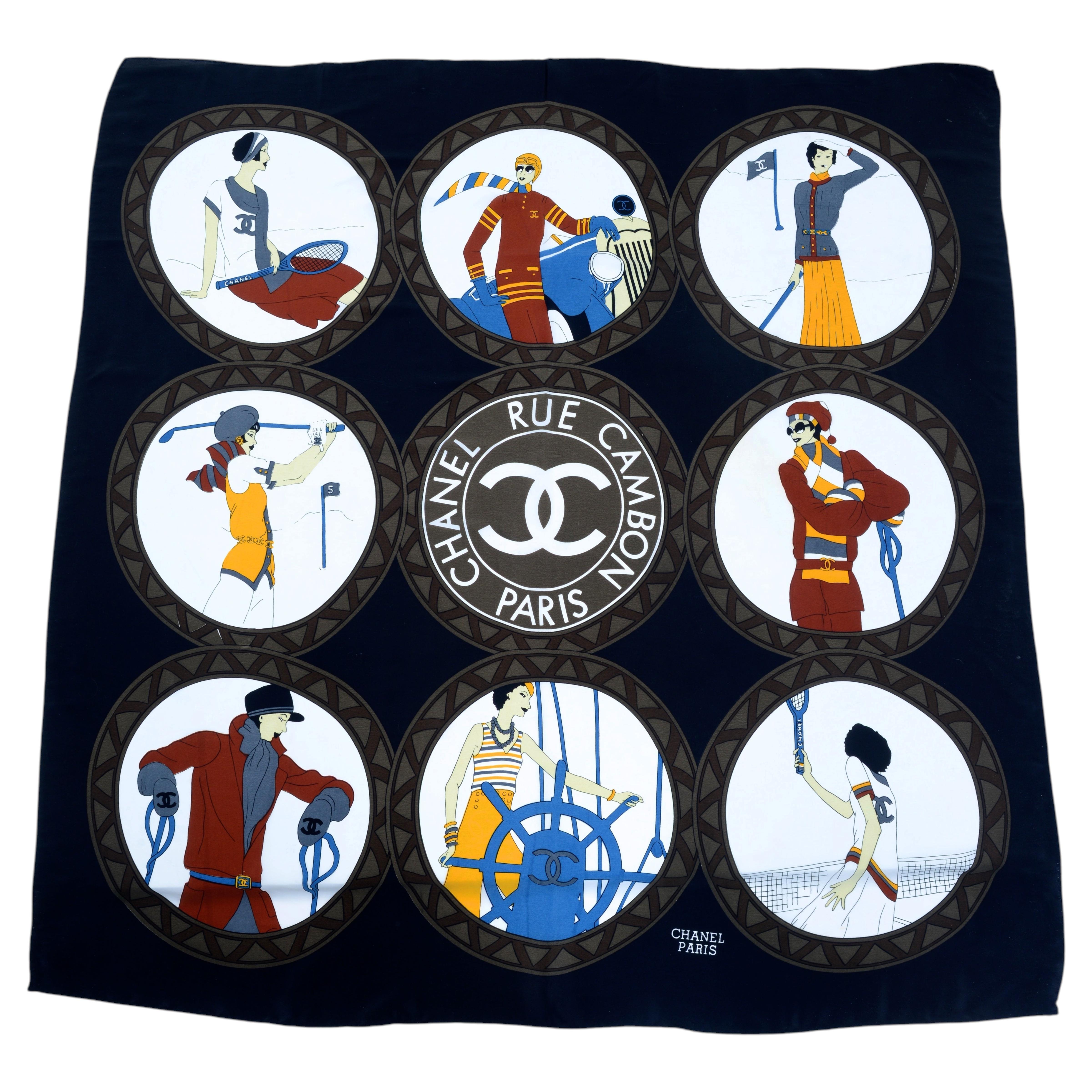 Chanel "Coco Mark Rue Cambon" Silk Scarf with Black Ground, "Coco Sports" Theme