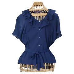 Ralph Lauren Purple Label ruffle front short silk sleeve shirt